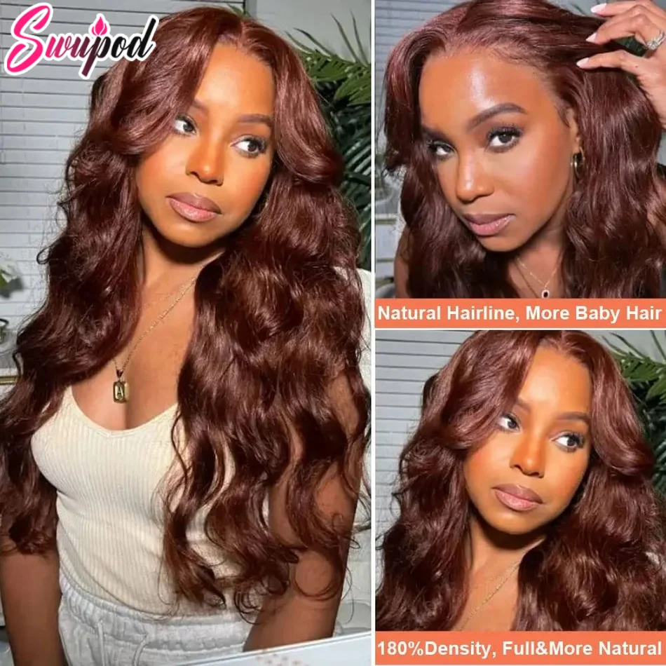 Swupod 13x4 13x6 200 Density Transparent HD Lace Front Wig for Women Body Wave Remy Human Hair 33# Reddish Brown Color Glueless