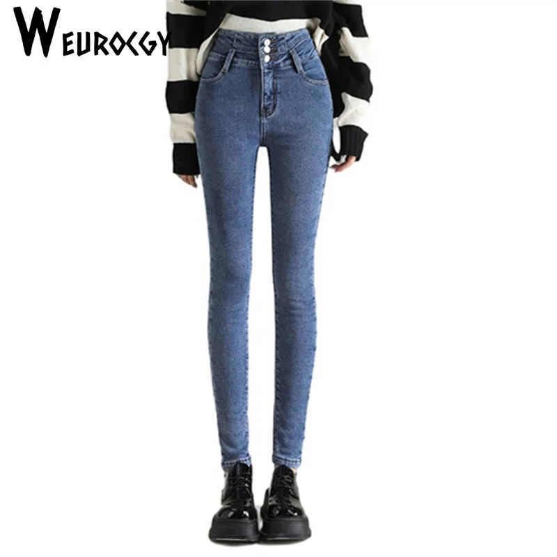 Damen jeans Winter New Style Mode vielseitige Samt elastisch verdicken warme Röhren hose mit hoher Taille lässige gerade Jeans