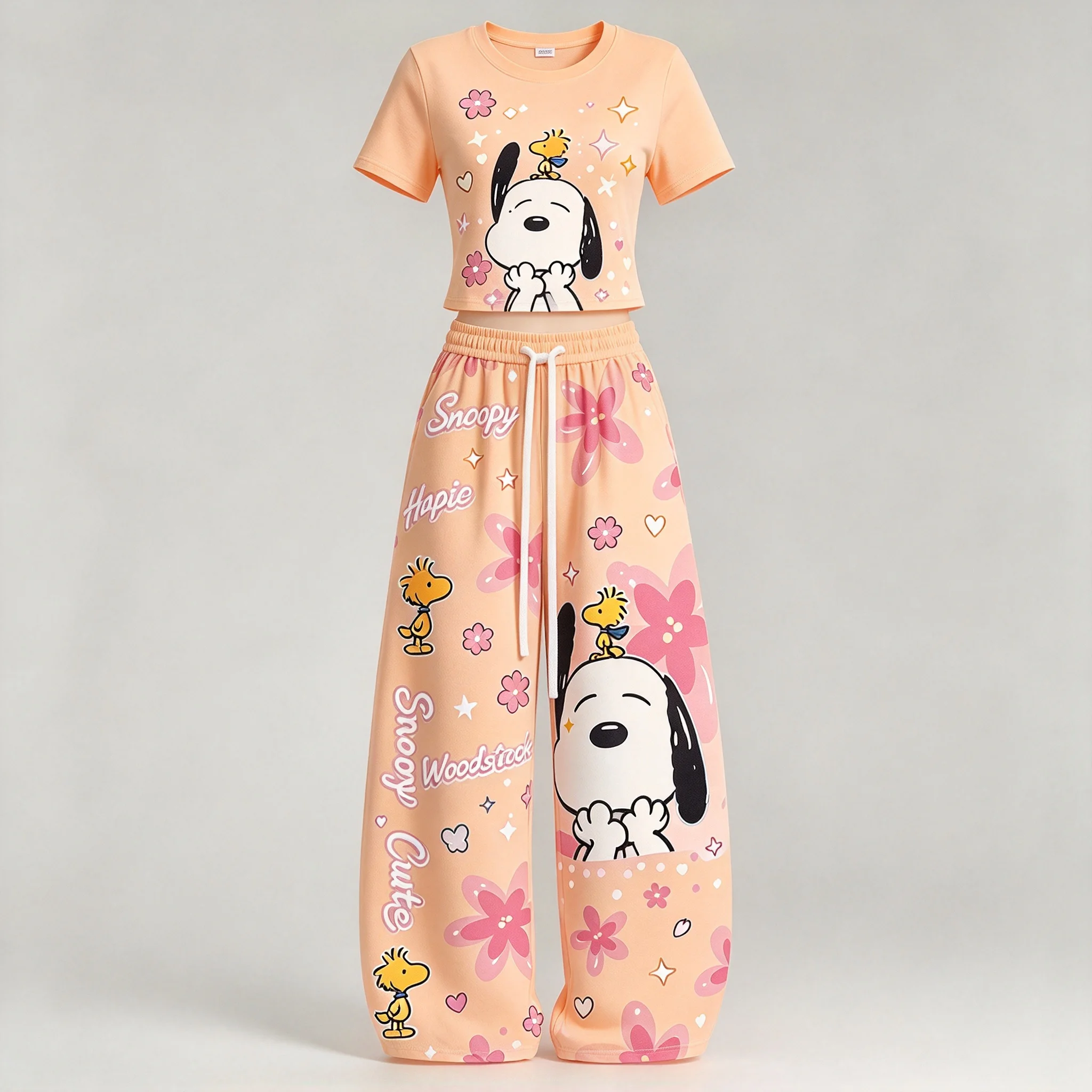 Snoopy Woodstock 2Pcs Outfit Women Cropped T Shirt Wide Leg Pants Cute Cartoon Print Casual Tracksuit Kawaii Loungewear