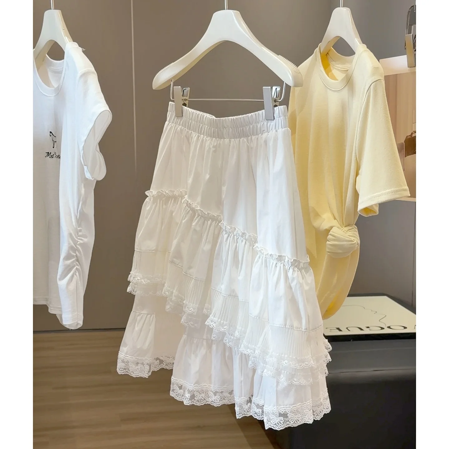 Harajuku White Lace Tiered Maxi Skirt Elastic Waist Casual Summer Boho A-line Skirt Sexy Puff Short Skirts Mori Girl Garden Wear