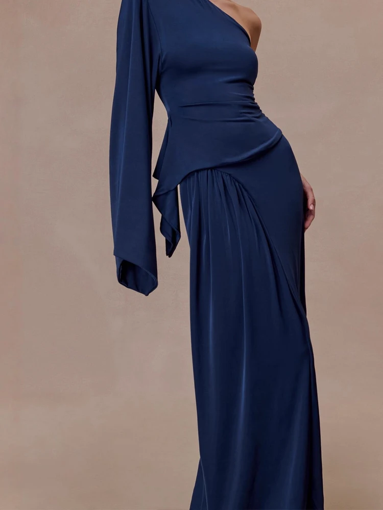 

2026 Women Elegant Temperament Solid 2Pc Outfits Casual Long Sleeve Draped Long Skirt Set Sexy Slanted Shoulder Top & Skirt Suit