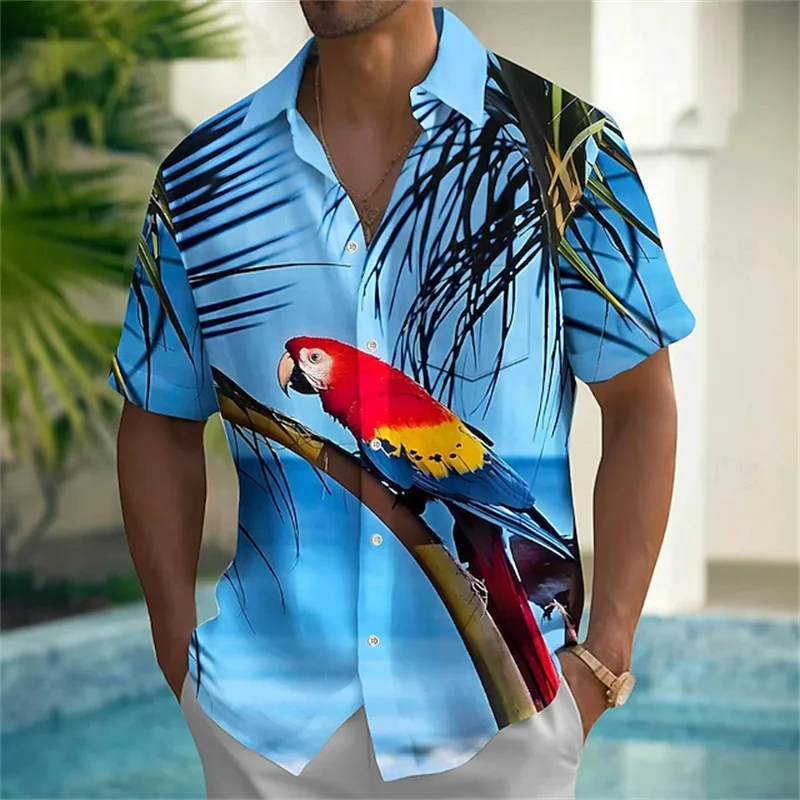 Men's Short-Sleeved Shirt with Tropical Parrot Print, Hawaiian-Style Collar, Trendy Men's Casual Shirt for Beach Vacations.