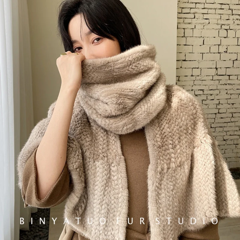 Mink Fur Shawl For Women Winter Warm Fur Woven Double-sided Fur Scarf Natural Mink Fur Scarf Shawl Fashion Women Knitted Scarves