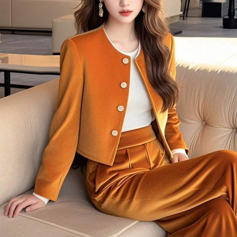 2025 Spring Fall Women Orange Wide Leg High Waisted Velvet Pants Coat Set , Woman Fashion Clothing Velour Trousers Coats Sets