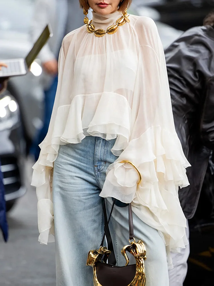 بلوزات نسائية ذات طبقات مكشكشة شفافة ورقبة عالية وأكمام واسعة بلون سادة وأربطة قمصان حفلات أنيقة #2