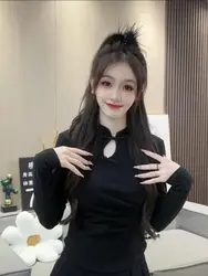 2025 Black Sexy Asian Clothes Oriental Chinese T Shirt Long Sleeve Asian Streetwear Cheongsam Top Chinese Style Clothing Women