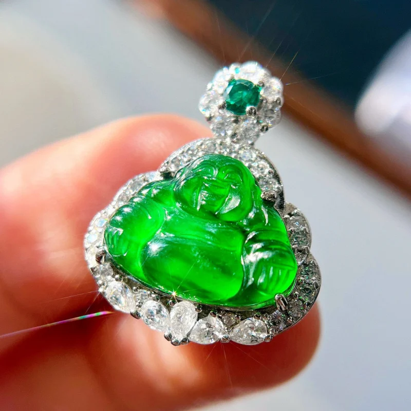 National Style Retro High Reflect Light Natural Emperor Green Jade Buddha Pendant Support Re-Inspection