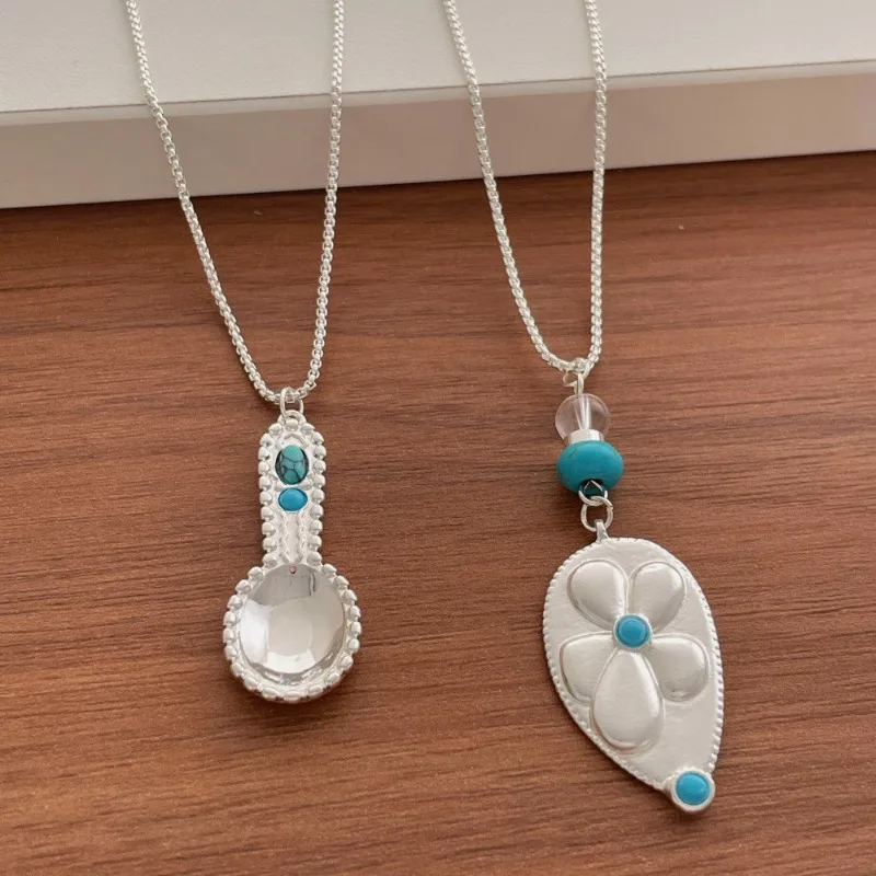Minar Ethnic Natural Stone Kallaite Water Drop Flower Spoon Beads Pendant Necklaces for Women Silver Plated Box Chain Choker