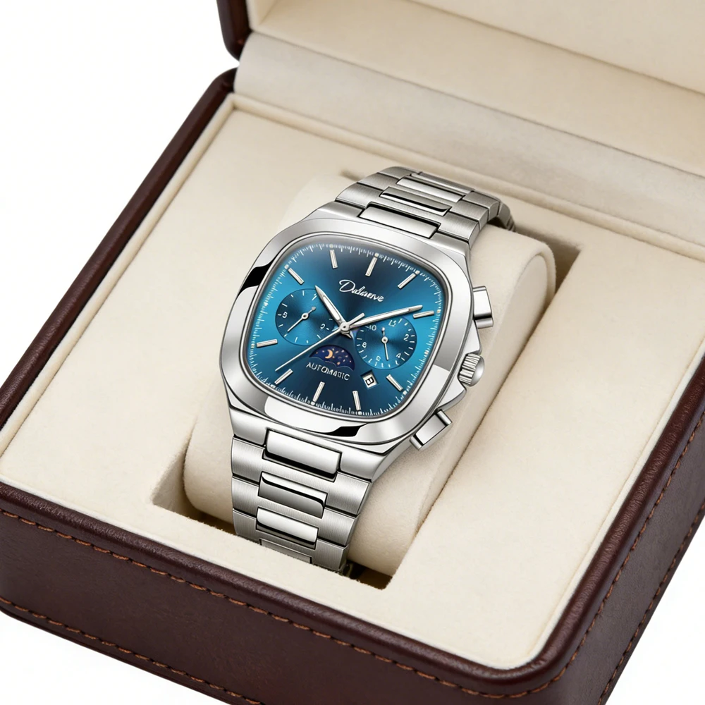 

Новые модные квадратные механические часы для мужчин из нержавеющей стали, водонепроницаемые, с подсветкой, отображением дня недели, даты и фаз луны, роскошные автоматические часы для мужчин.