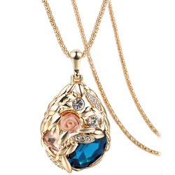 Crystal Flower Necklaces & Pendants for Women Trendy Gold Color Long Necklace Collier Femme Fashion Female Sweater Chain Jewelry
