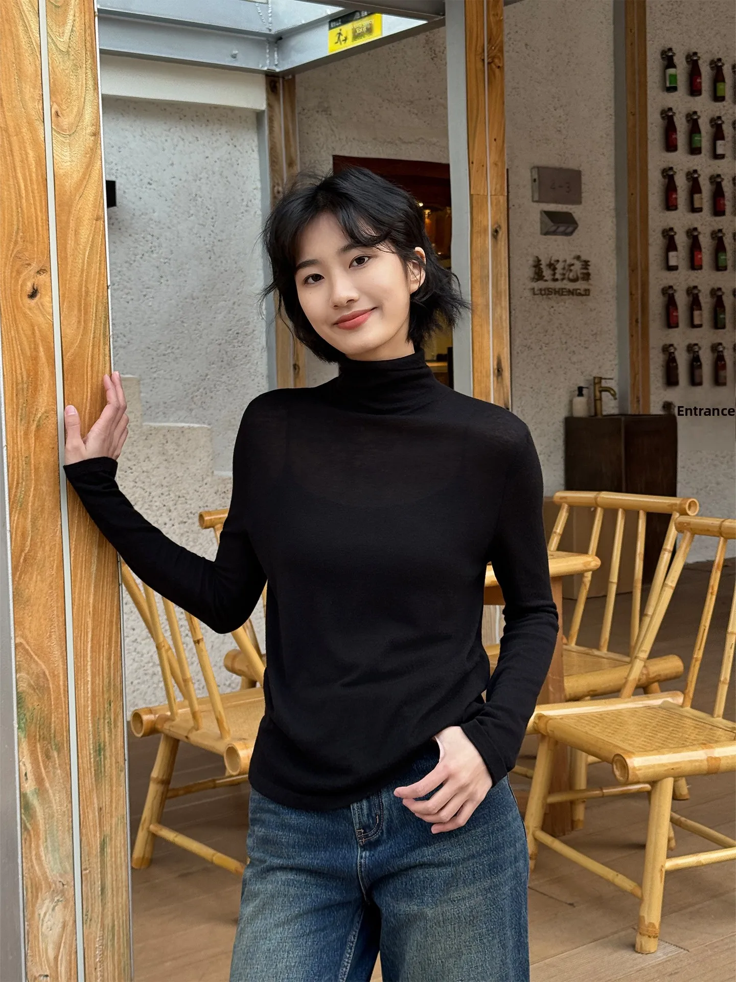 

Зимний шерстяной свитер с высоким воротом, вязаный, женский, базовый слой, двухцветный, универсальный, Langqing Tong, премиум-качество, смесовая шерсть