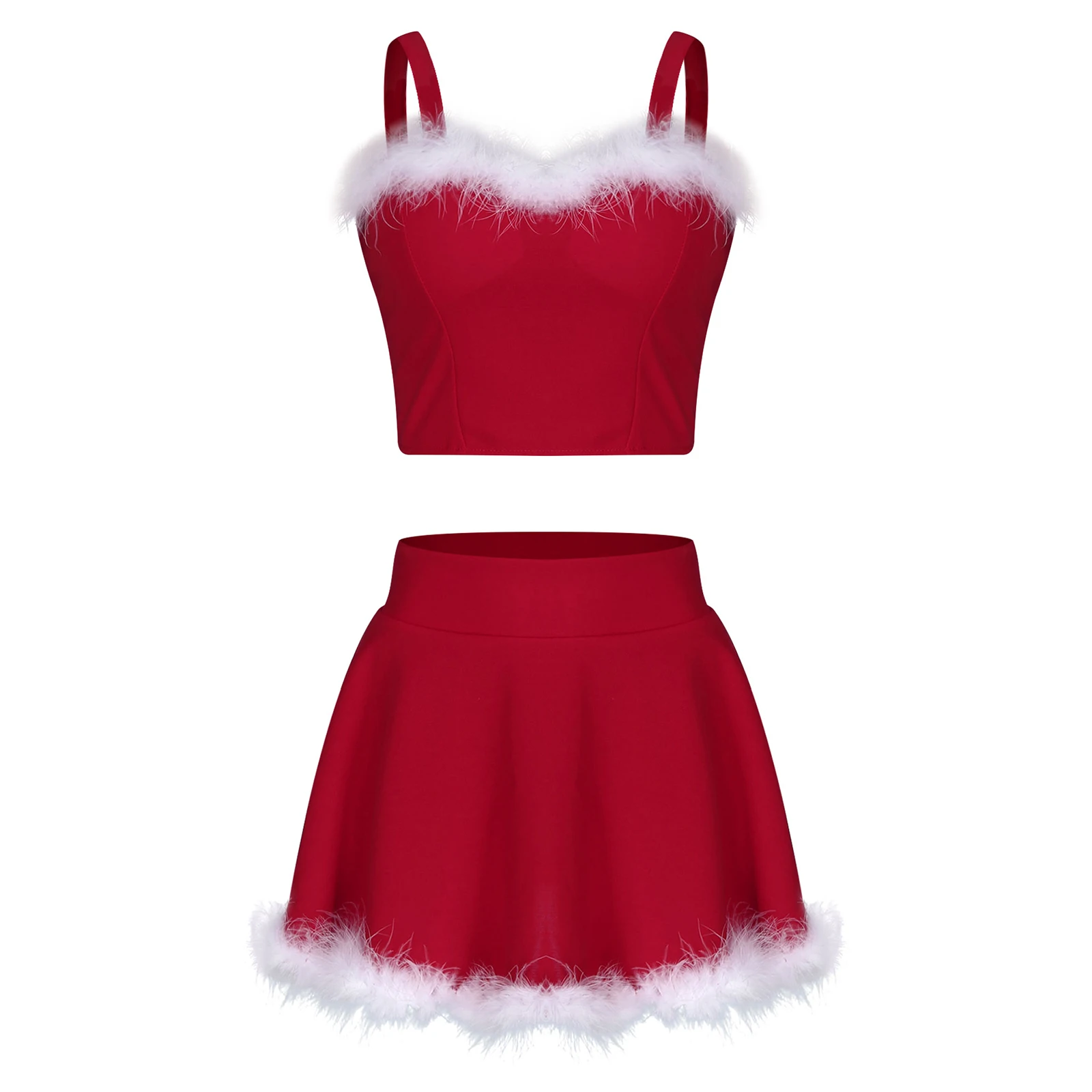 Women Faux Fur Trim Christmas Outfit Side Invisible Zipper Sleeveless Crop Top with A-Line Skirt New Year Party Carnival Costume