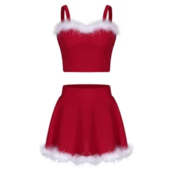 Women Faux Fur Trim Christmas Outfit Side Invisible Zipper Sleeveless Crop Top with A-Line Skirt New Year Party Carnival Costume