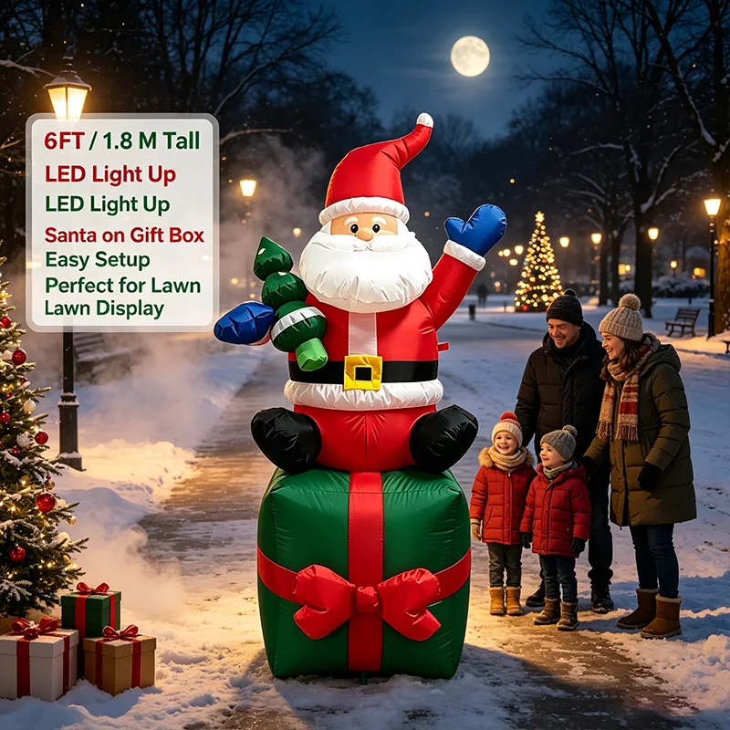 1.8M Inflatable Santa Claus Sitting on Gift Box with LED Lights Yard Decor Outdoor Christmas Blow Up Ornament