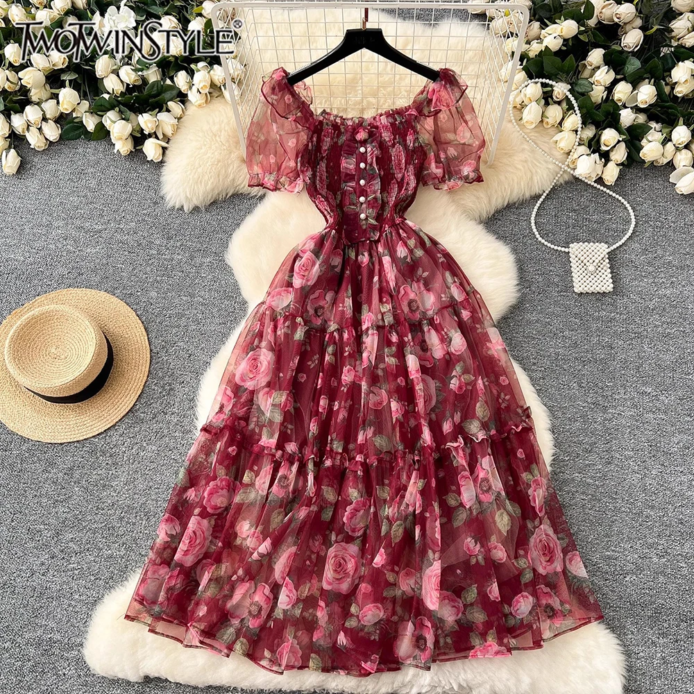 

TWOTWINSTYLE Printing Slimming Long Dresses For Women Round Neck Puff Sleeve High Waist Folds Elegant Dress Female New KDR539856