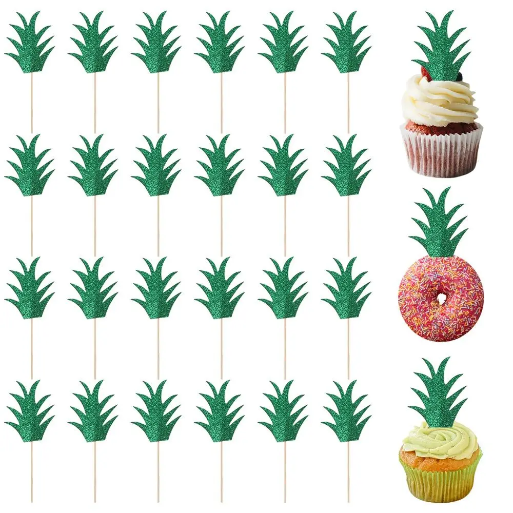 24 Pcs Pineapple Cupcake Toppers Green Glitter Summer Tropical Hawaii Theme Donut Cake Toppers Bridal Baby Shower Birthday