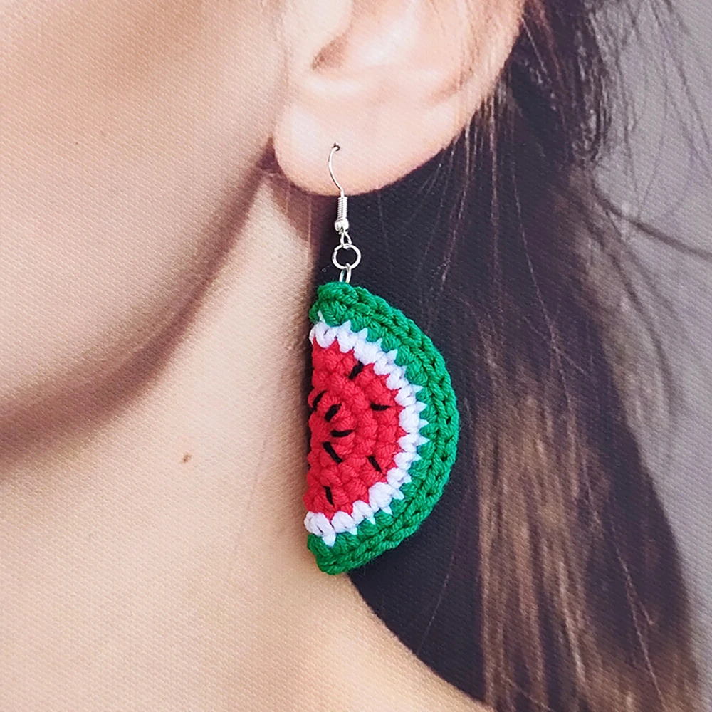 Pendientes bonitos de sandía de ganchillo a la moda para mujer, ropa informal para vacaciones en la playa, joyería para niña 100% hecha a mano