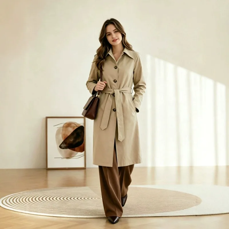 A Mid-length Windbreaker for Women Simple for Commuting. Lace-up Autumn Coat Is A Versatile Fashionable Bestseller for Daily Use