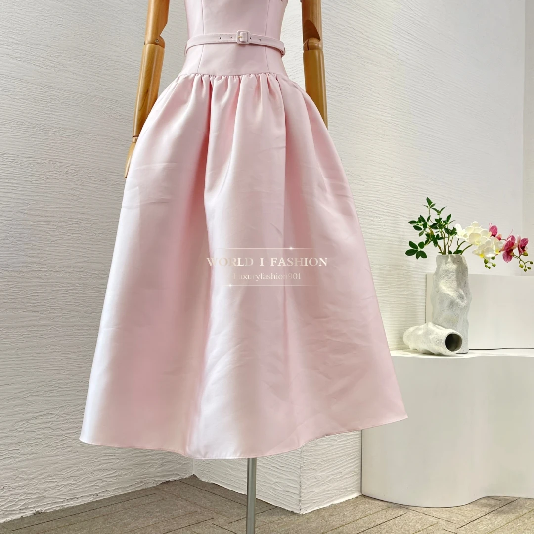 فستان نسائي متوسط الطول بحزام وردي أنيق عالي الجودة بدون أكمام