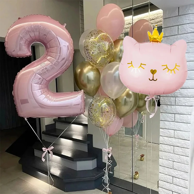 14pcs 40inch Pink Cat Crown Number Foil Balloons Birthday Party Decorations Kids Girl 1 2 3 4 5 6 7 8 9 Year Old Decor Supplies