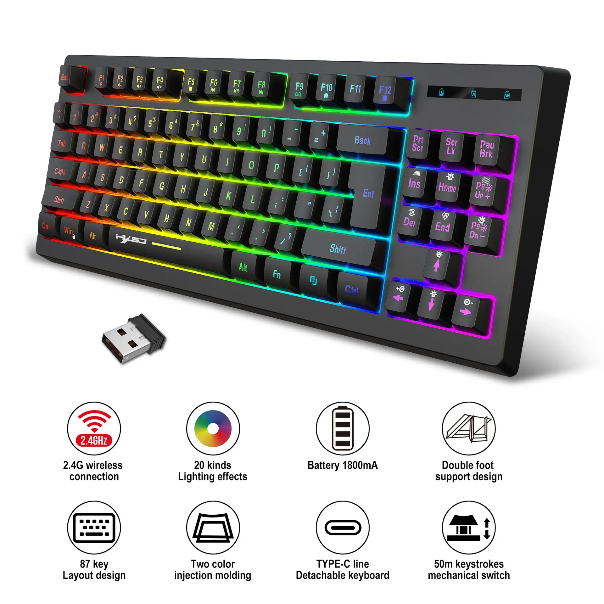 

NEW 87 Keys 2.4G Wireless Membrane Keyboard RGB Backlit Ergonomic Mini Keyboard Office Gaming Silent Keyboards for PC Laptop Mac