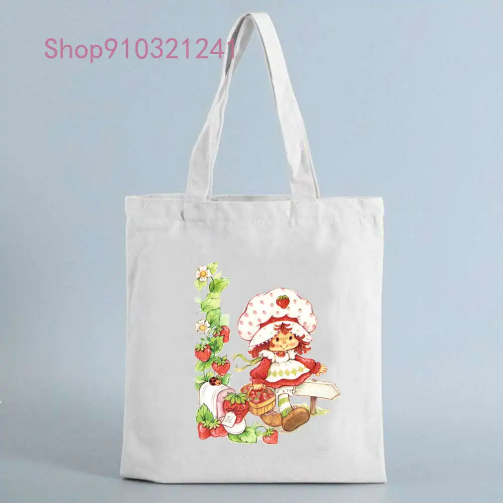 Shopping Bag Anime Strawberry Girl Print Handbag Cotton Manga Tote Bags Reusable Grocery Women Classic Vintage Shoulder Bag