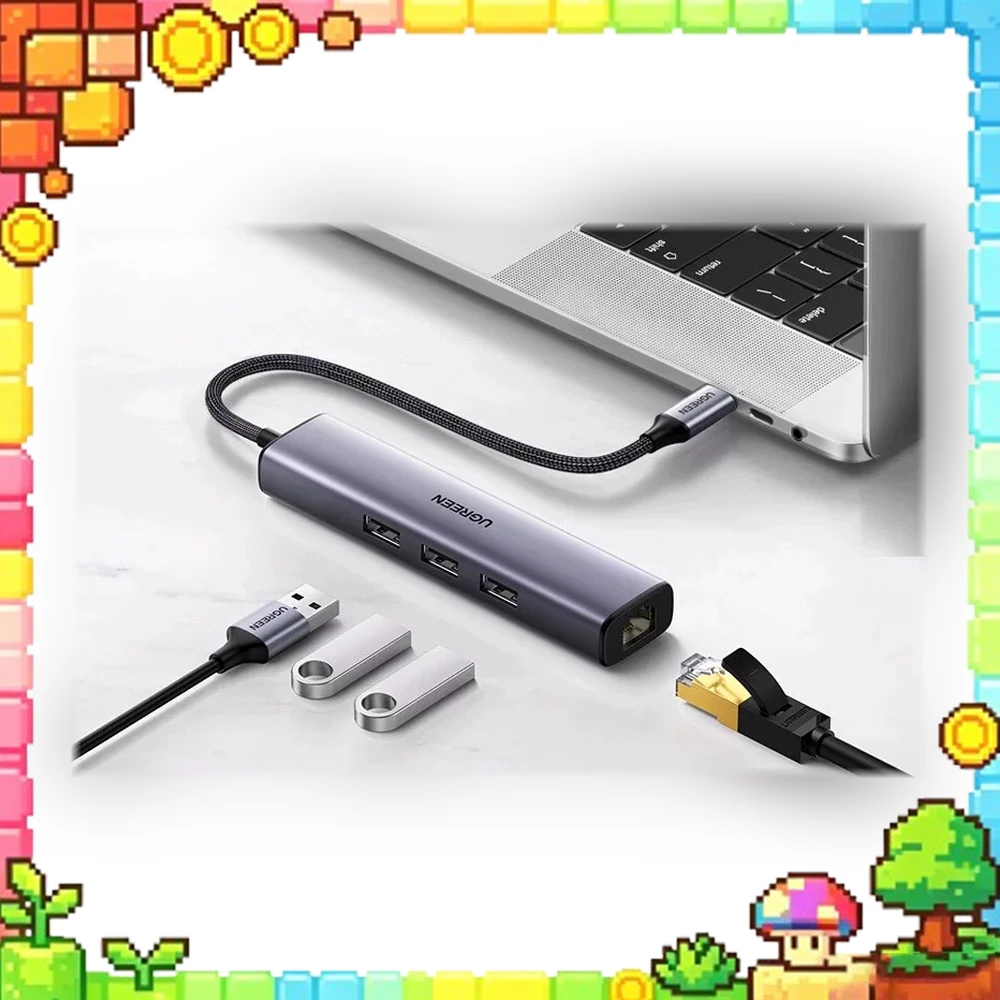 UGREEN 20920 USB-C Hub CM475 3 USB 3.0 Ports Gigabit RJ45 Ethernet Adapter Plug and Play Braided Cable for Laptops