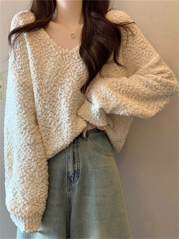 2024 Autumn Winter Korean New Knitted Jumpers Sweet Solid Color Women's V-Neck Long Sleeve Sweater Loose Female Pullovers Tops