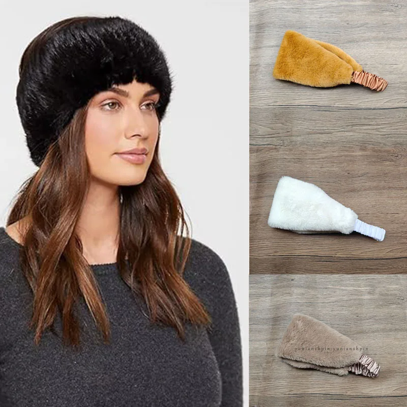 Winter Warm Wide Fluffy Headband Solid Color Imitation Fur Headband Soft Elastic Turban Hat Warm Ear Protection Hair Accessories