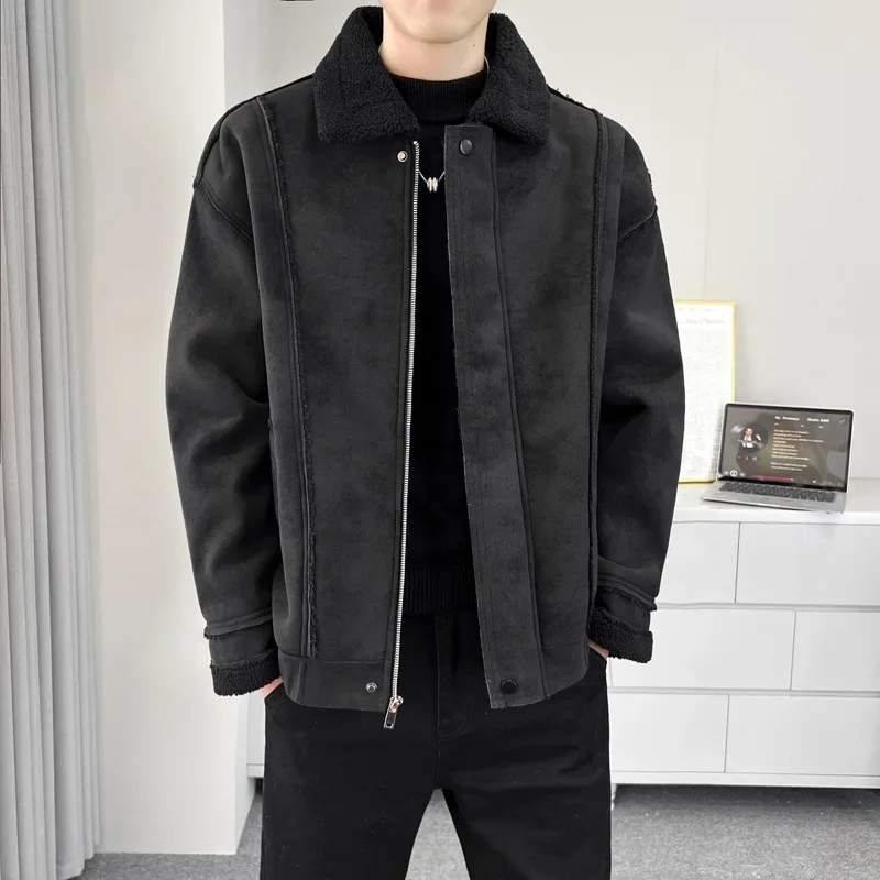 

Autumn Winter Man Jacket Thicken Fleece Warm Windproof Male Outerwear Turn Down Collar Long Sleeve Zipper Loose Men Coat