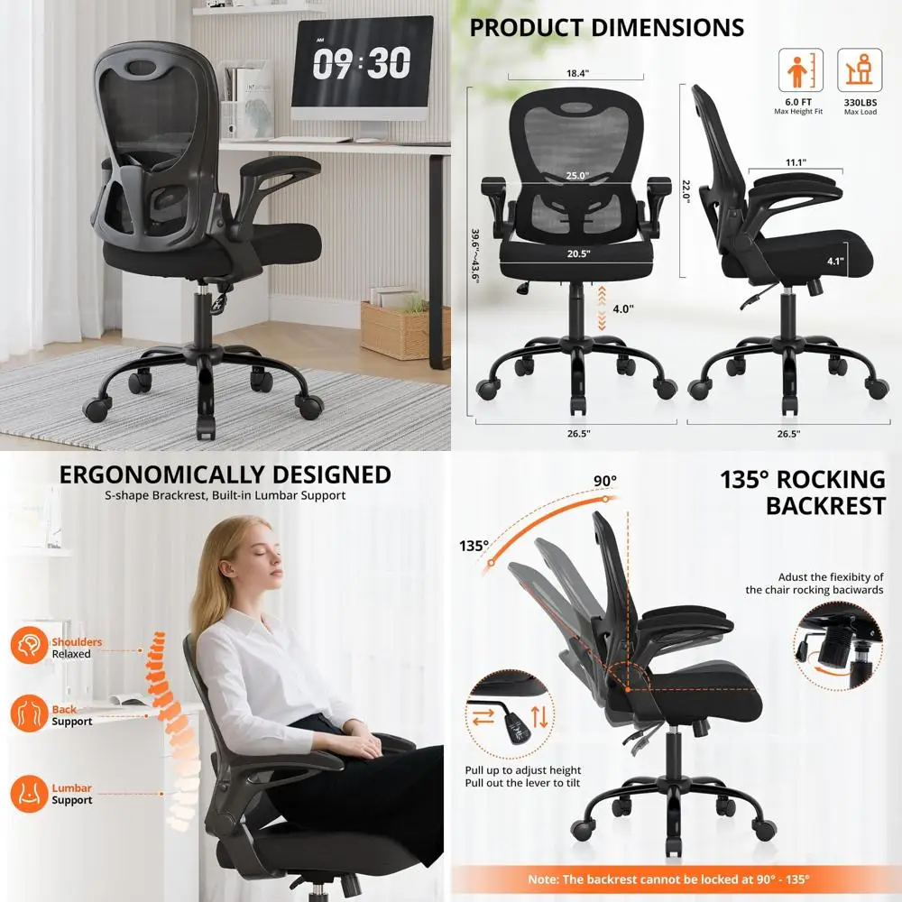 

Breathable Mesh Ergonomic Office Chair with Adjustable High Back Support and Flip-up Armrests for Long-Term Comfort