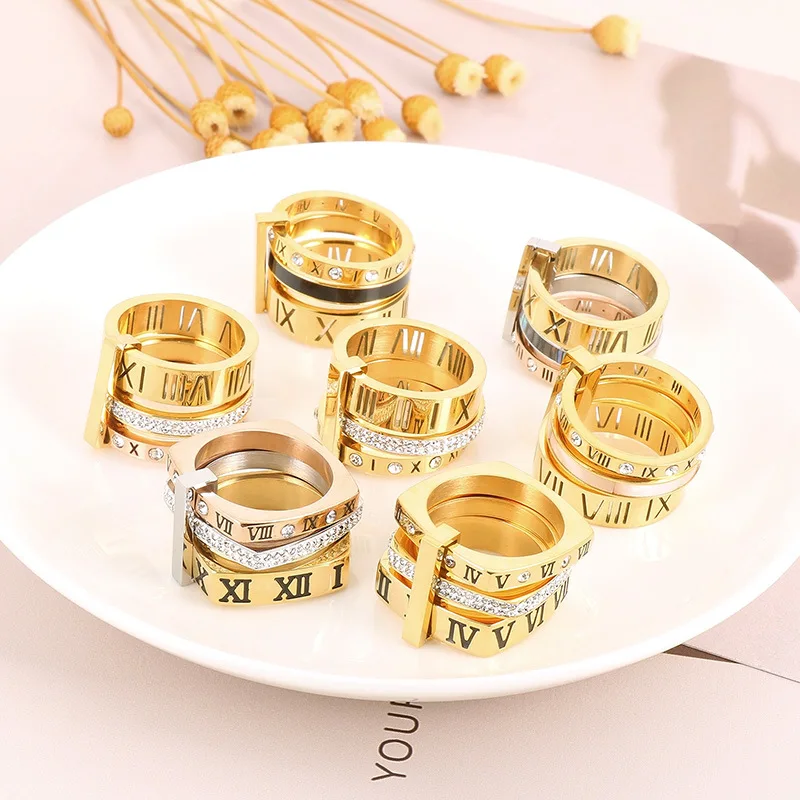 

Elegant Shiny Zircon Roman Numerals Women's Rings Stainless Steel Three Layer Alphabet Finger Rings Ladies Wedding Bands Jewelry