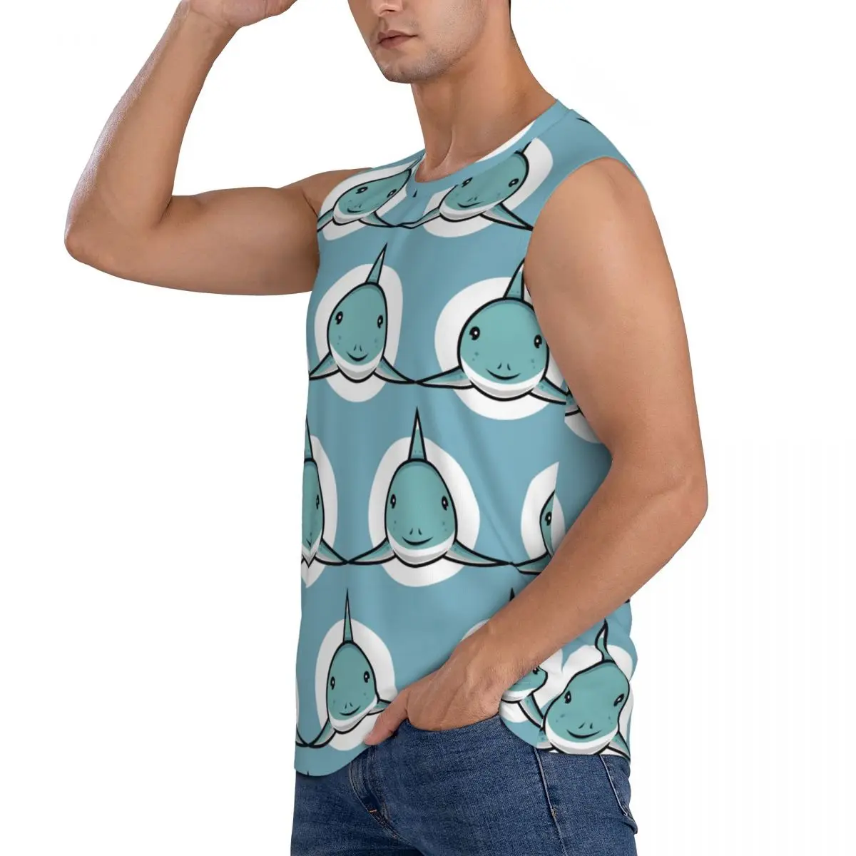 Cute Shark Men Sleeveless Tank Tops Quick Dry Breathable Gym Fitness Running Summer Casual Sport Vest view 2
