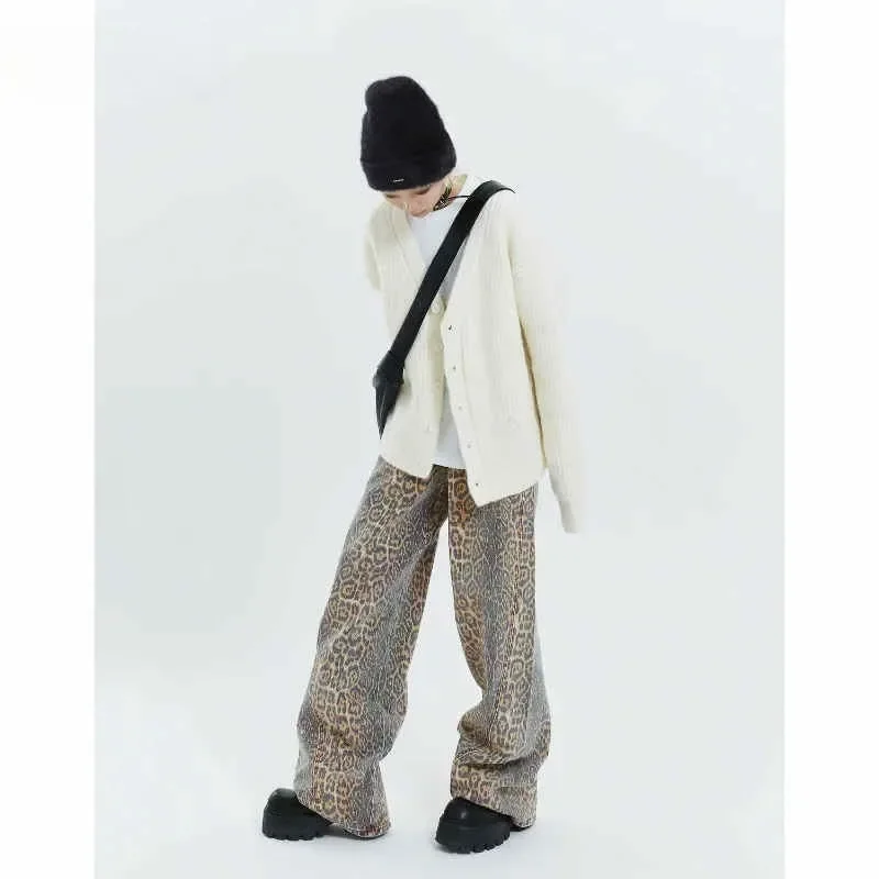 Women's Retro Wide Leg Baggy Casual Denim Trouser Harajuku Aesthetic High Waist Loose Jeans 2024 Spring Leopard Print Pants