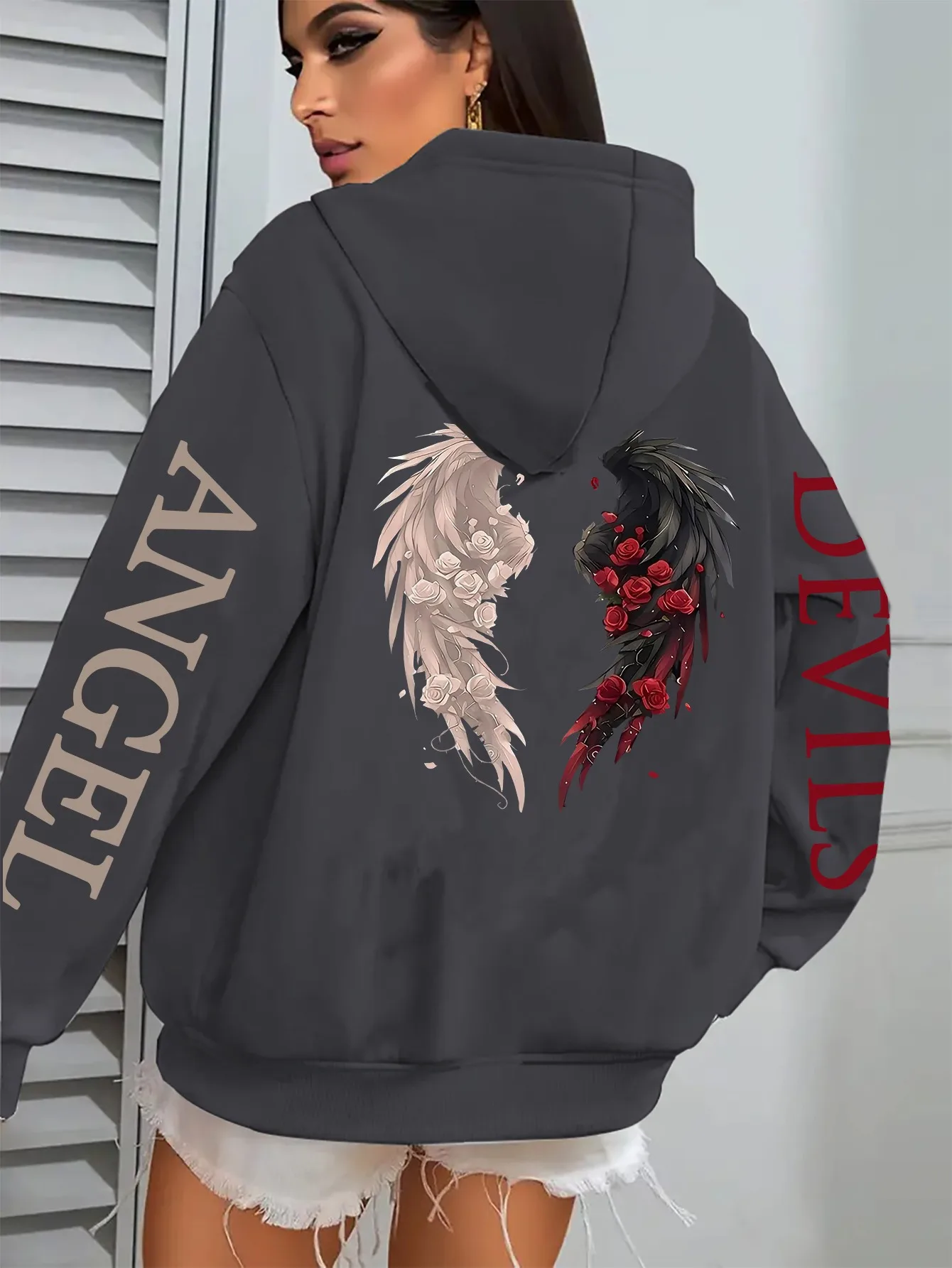 Women's Hoodie Jacket - Dark Green with Angel/Devil Contrast Print, Zipper Front Closure & Side Pockets - Warm Polyester Outerwe