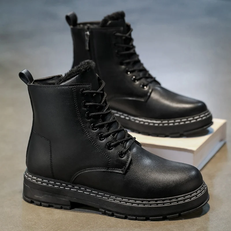 

Men's Black Warm Thickened Snow Boots, Stylish British-Style Ankle Boots, 2025 Autumn & Winter New Outdoor Cycling Moto Boots