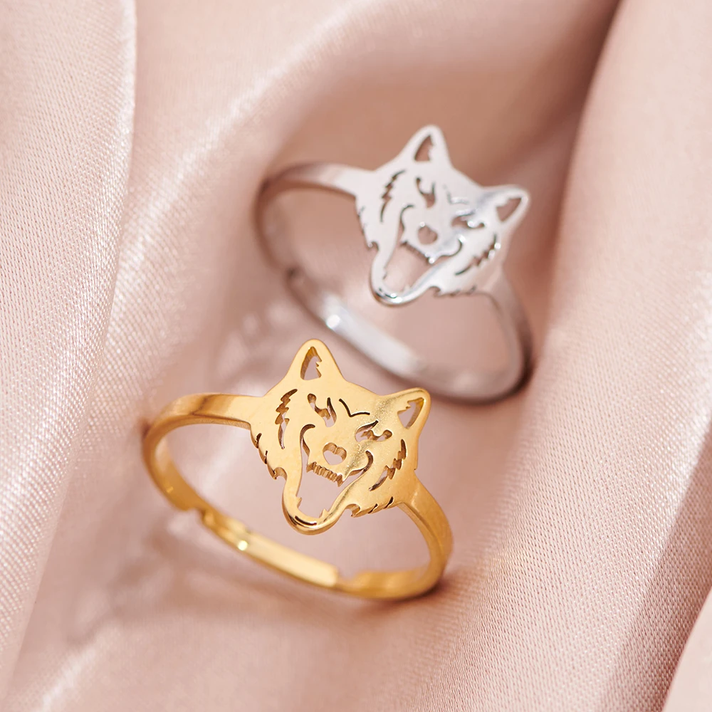 Anillos abiertos ajustables de lobo de acero inoxidable dorado para Mujer y hombre, anillo de dedo estético gótico Vintage, regalos de joyería, Anillos para Mujer