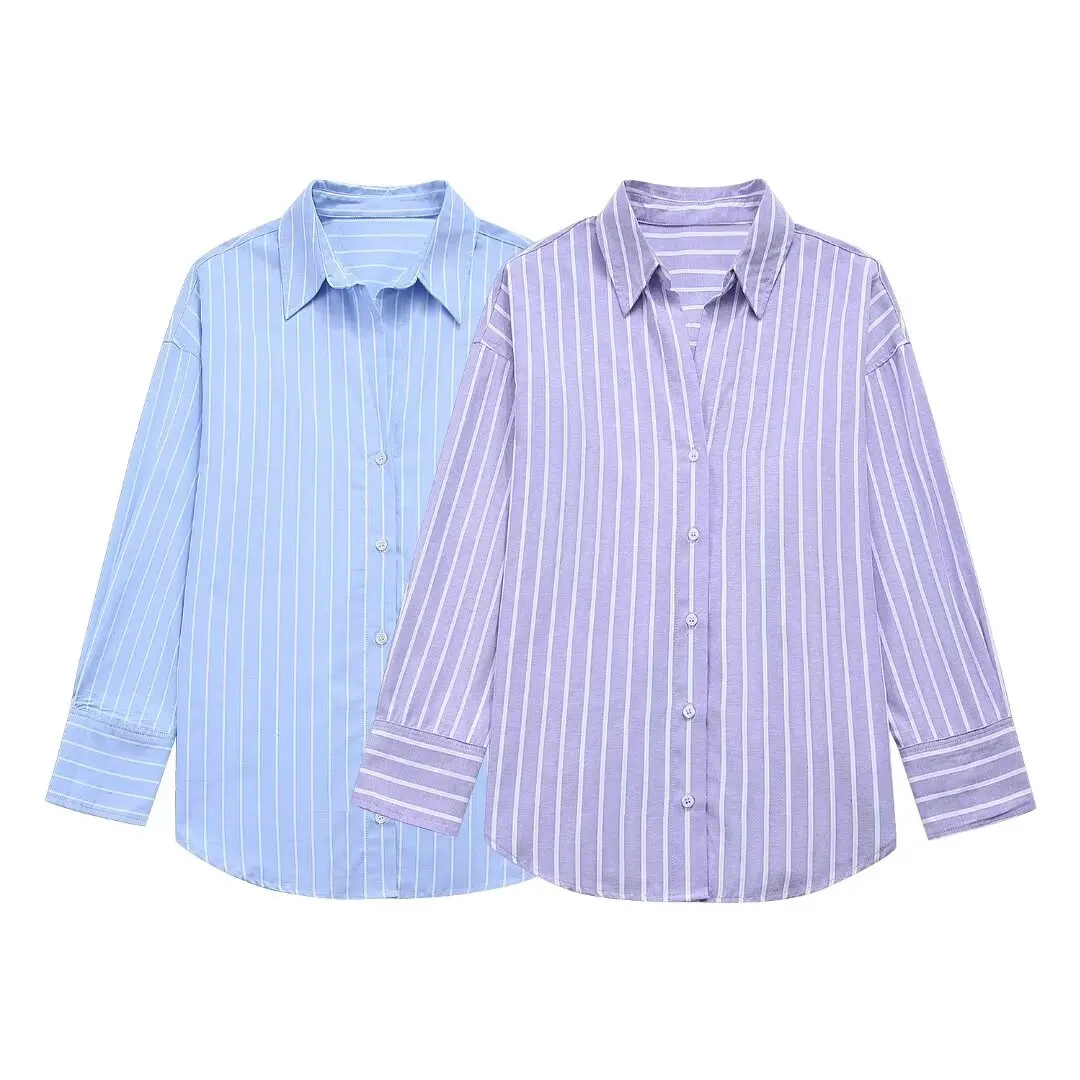 

TRAFZA Women Summer New Striped Shirt Versatile Long Sleeve Chic Turn Down Collar Single Breasted 2 Colors Splice Blouse Mujer
