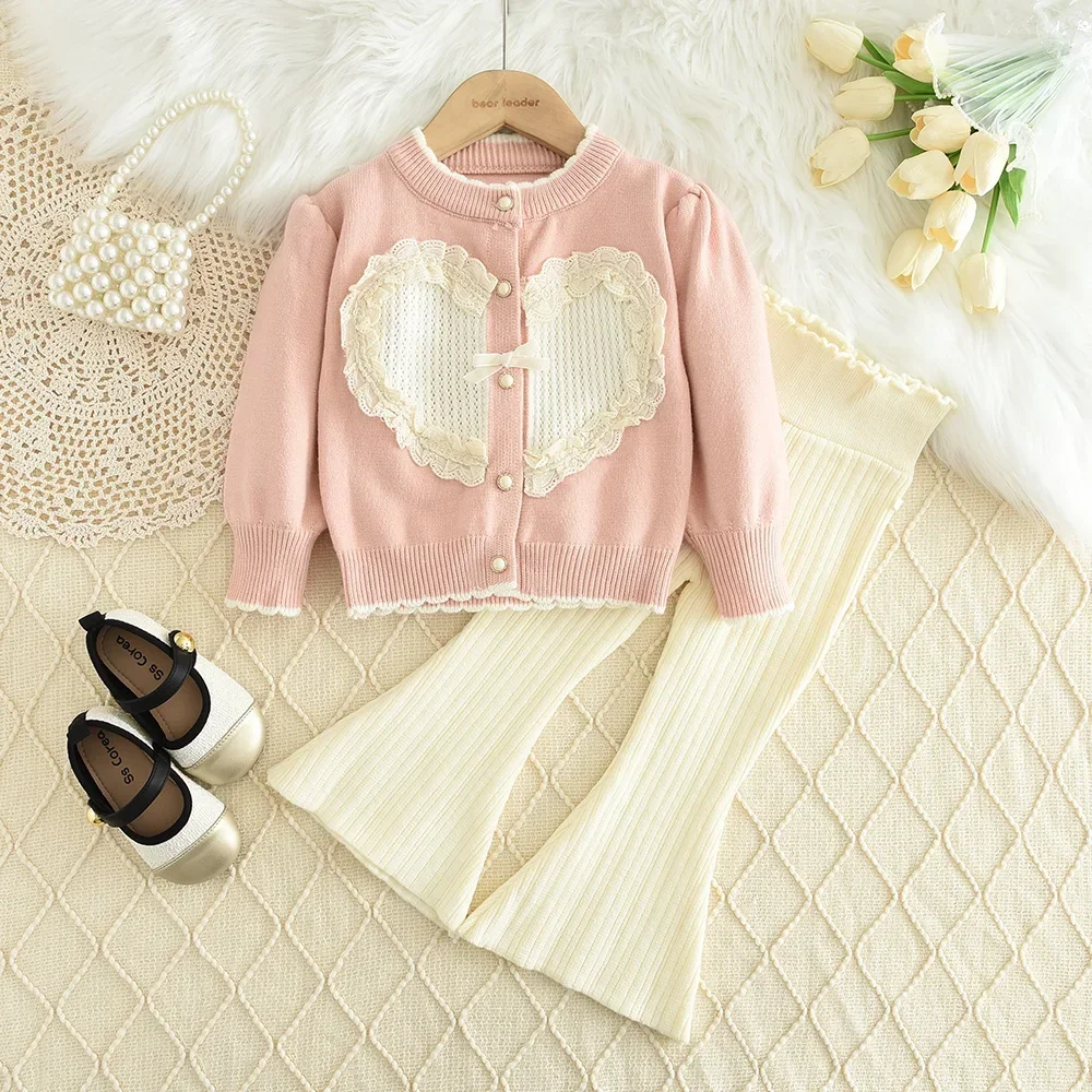 

Autumn and Winter Plain Girls Clothes Lace Heart Knitted Cardigan+Flared Pants 2-piece Set Korean Version Children's Sets