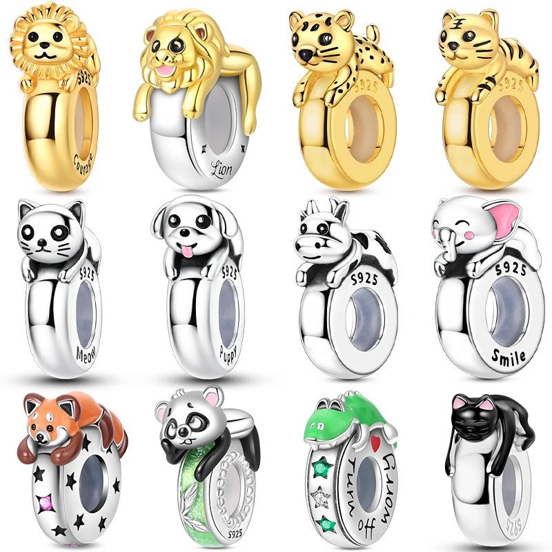 

925 Sterling Silver Chameleon Raccoon Golden Tiger Silicone Stopper Clasp Charms Beads Fit Original Bracelet DIY Jewelry