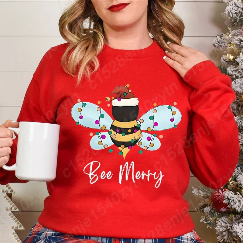 Women's Christmas Bee & Letter Print Sweatshirts, Cute Long Sleeve Crew Neck Pullovers for Festive Holiday Wear