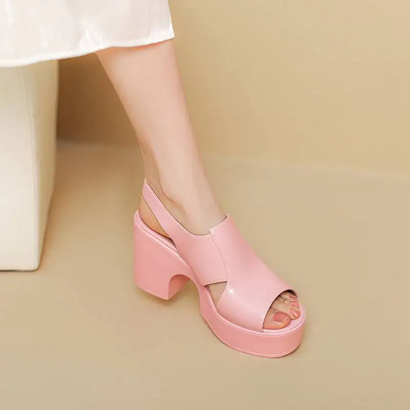 Krazing Pot Full Grain Leather Super High Heels Peep Toe Buckle Straps Summer Luxury Elegant Platform Pink Modern Women Sandals