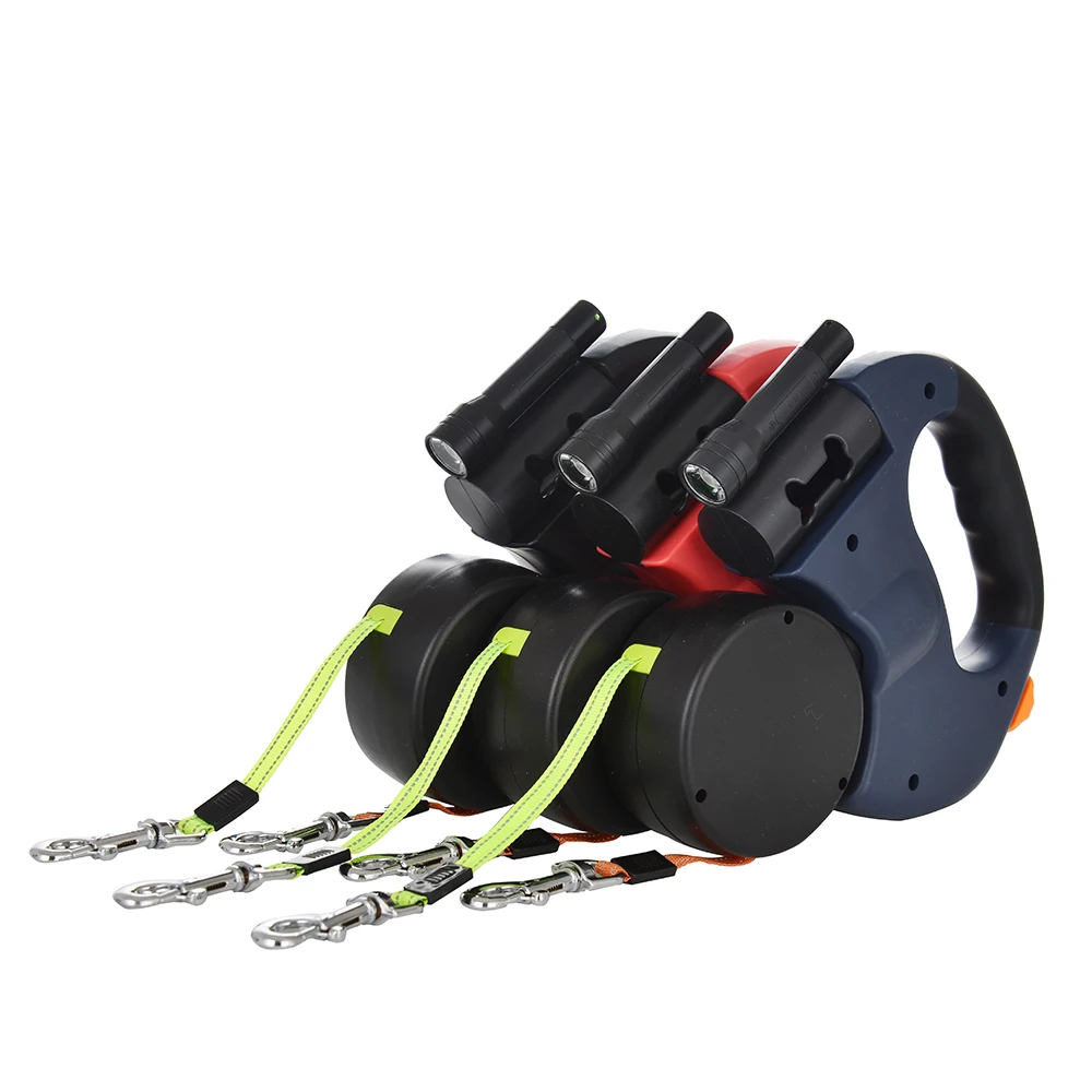 3m Doppelendige Hundeleine Automatisch Einziehbares Zugseil 360-Grad-Doppelkopf-Gehleine aus Nylon mit Taschenlampen-Kotbeutelbox – Detail 11