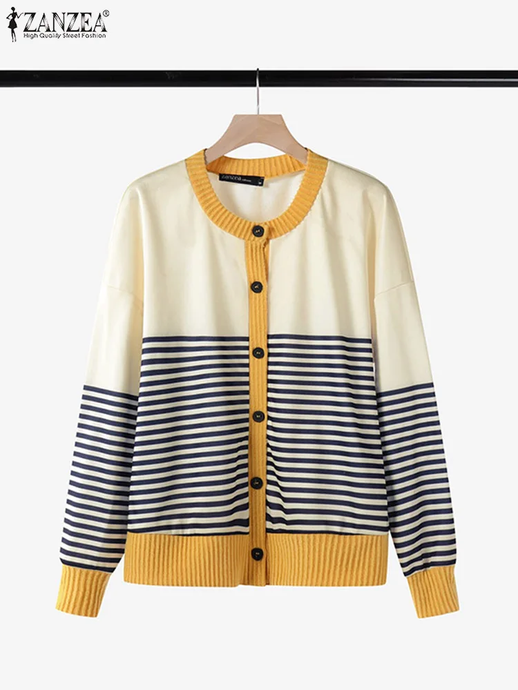 

ZANZEA Stylish Spring Long Sleeve Knitted Cardigans Women Casual Buttons Blouse Female Tops Loose Hoodies Autumn Striped Sweater