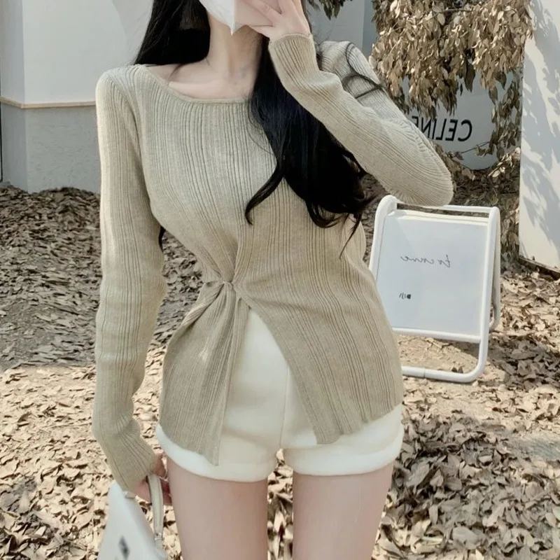 Women's One Shoulder Sweater Autumn Winter Irregular Knitwear Long Sleeves Slim Basic Tops