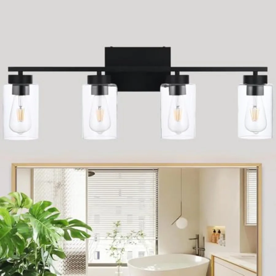 

4 Light Bathroom Vanity Light Fixtures, Matte Black Modern Wall Lights with Clear Glass Shade, Vintage Wall Sconce Lighting for