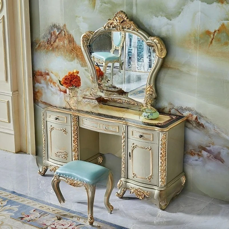 dresser solid wood carving flower princess dressing cabinet American villa champagne gold sticker gold leaf