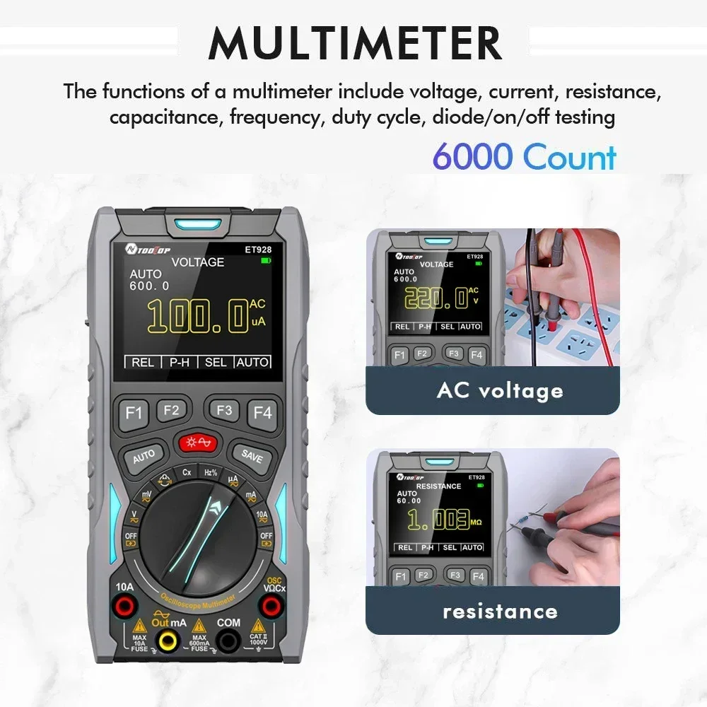 TOOLTOP ET928 3 In 1 Oscilloscope Multimeter Signal Generator 12MHz 50Msps Portable High Storage Capacity Low Power Consumption