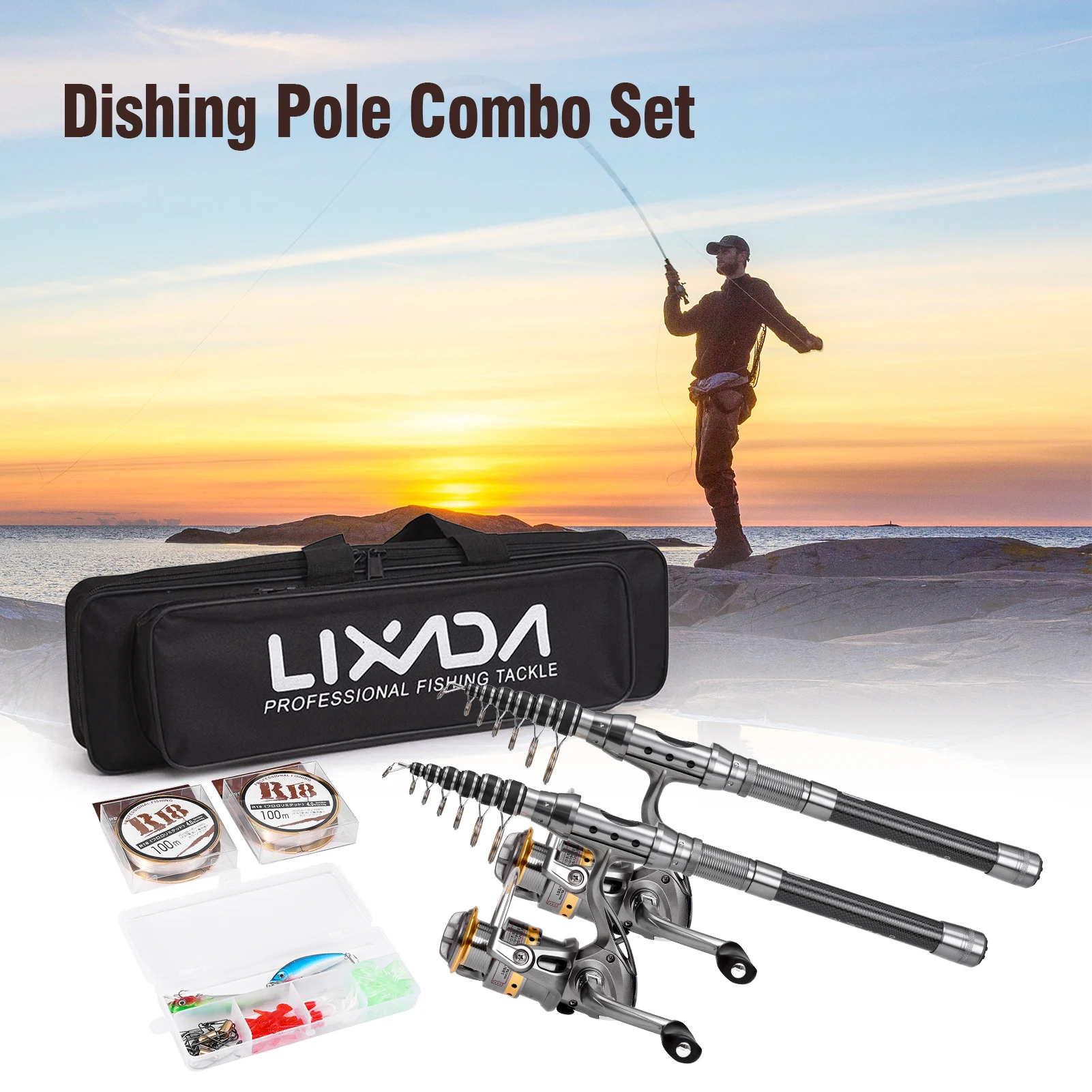 Lixada Fishing Rod Combo Set 2PCS Rod and Reel Telescopic Fishing Rod Carbon Fiber Spinning Reels Fishing Accessories