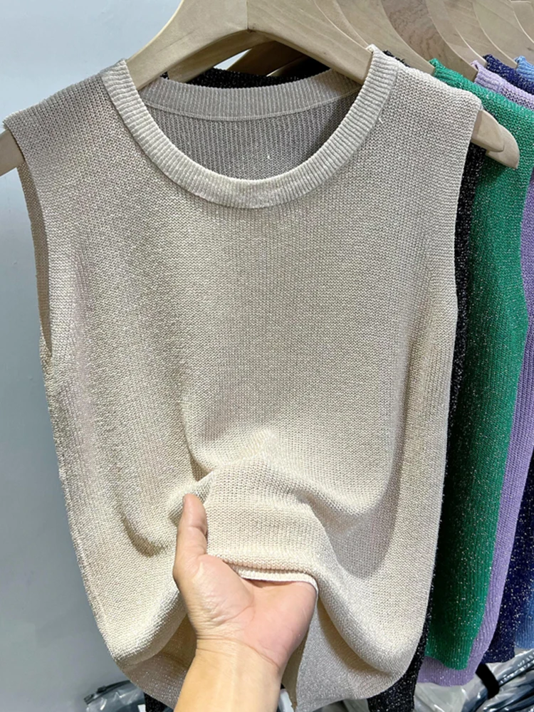 2024 Summer Women Knitted Green Tank Tops Women Thin Tops Basic Casual Tank Tops O-neck Tees Sleeveless Tops For Women